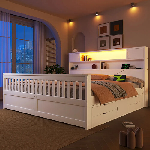 Merax Lit 180x200cm-lit Plateforme Rangements Intégrés-led-port USB-4 Tiroirs-blanc