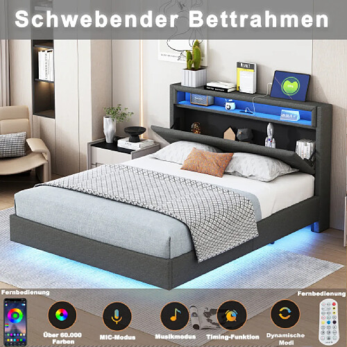 Merax Lit Rembourré 140x200cm Avec Prise USB Et LED-pied De Lit Dissimulé-lit Double Plat-gris