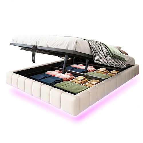 Merax Lit Coffre - Fonction Hydraulique- Avec Espace De Rangement- LED - 140x200 Cm - Beige