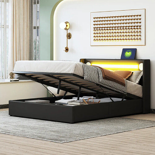 Merax Lit Rembourré 140x200cm -avec Lecteur Bluetooth Et Chargement USB-lit Double LED-noir