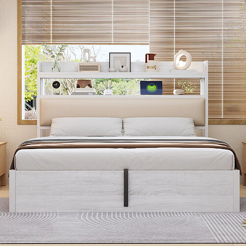 Merax Lit Rembourrée 180x200 Cm-Hydraulique-port USB-en Bois Et Métal-lit Double-blanc