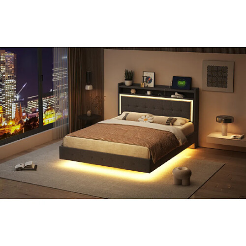 Merax Lit Rembourré 140*200-avec Prise USB Et Lumière LED-lit Double Plat-tissu En Lin-gris