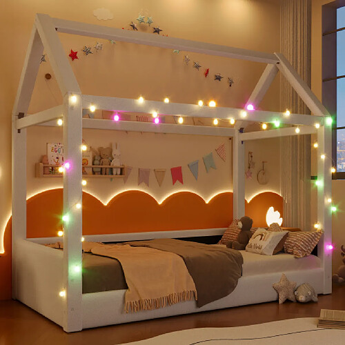 Merax Lit Cabane-lit Enfant 90 X 200 Cm-avec Bandes Lumineuses LED-en Bois-beige