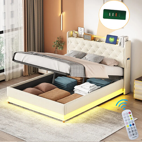 Merax Lit Rembourré LED 140*200cm-lit Doubleavec Port De Charge USB-hydraulique-lit Adulte-beige
