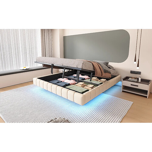 Merax Lit Coffre - Fonction Hydraulique- Avec Espace De Rangement- LED - 180x200 Cm - Beige