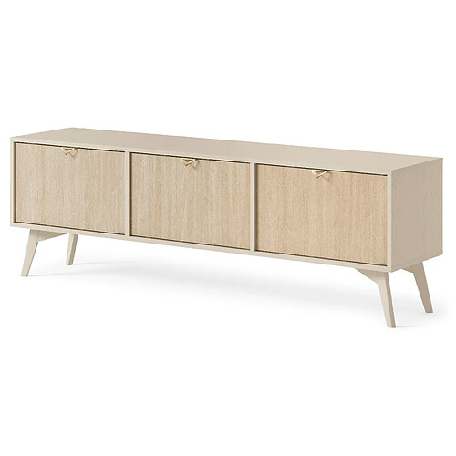 3XELIVING Meuble TV : Beige sable / Chevrons scandi, pieds Bois, 158 x 52 x 38cm