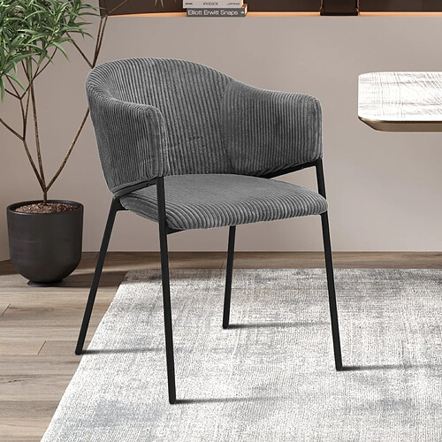 JLC KREATION Lot de 2 chaises avec accoudoirs en velours côtelé gris anthracite HUGUES