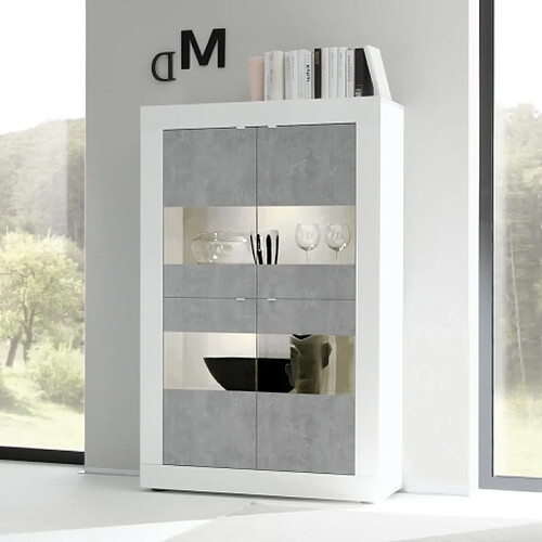 JLC KREATION Vitrine moderne 4 portes blanc et gris béton 100cm CALIA