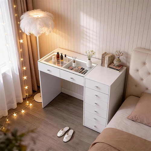 FENCHILIN Coiffeuse avec éclairage LED Blanc 120 cm 8 Tiroir