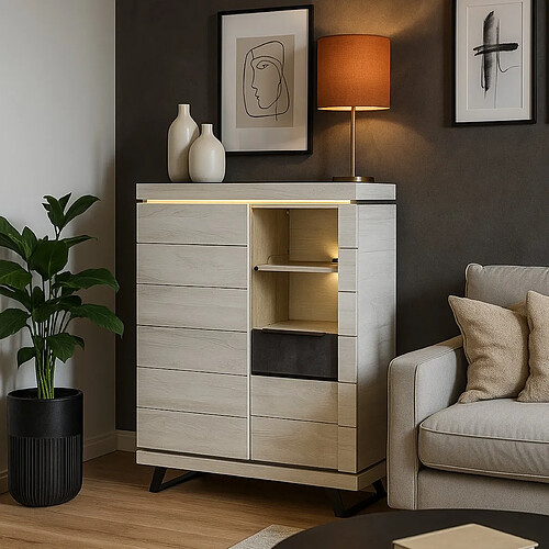 JLC KREATION Argentier-bar contemporain chêne blanchi + LED 125cm GILDA