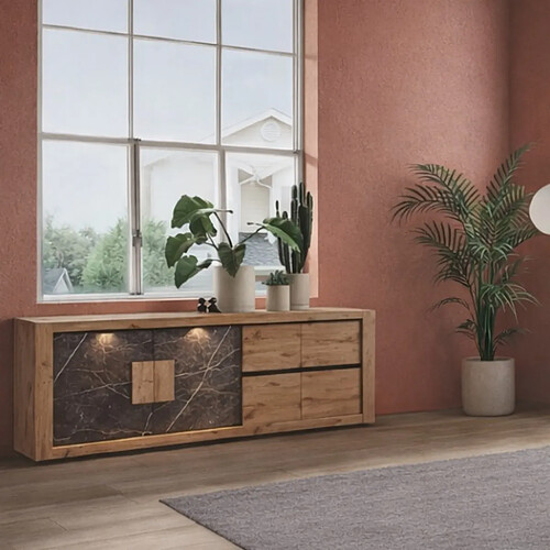 JLC KREATION Buffet moderne bois et marbre avec LED 240cm RACHA