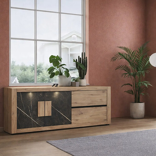 JLC KREATION Buffet moderne bois et marbre avec LED 210cm RACHA