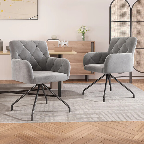modfu Lot de 2 chaises de salle à manger rembourrées avec accoudoirs en velours gris clair
