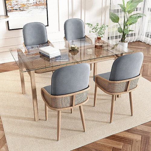 modfu Lot de 4 chaises de salle à manger en velours avec design rotin et pieds en métal gris