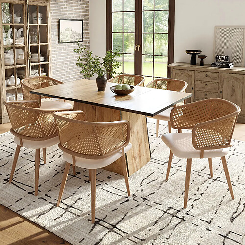 modfu Lot de 6 chaises de salle à manger avec dossier en rotin et assise en pu beige et marron