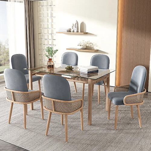 modfu Lot de 6 chaises de salle à manger en velours au design rotin avec pieds en métal gris