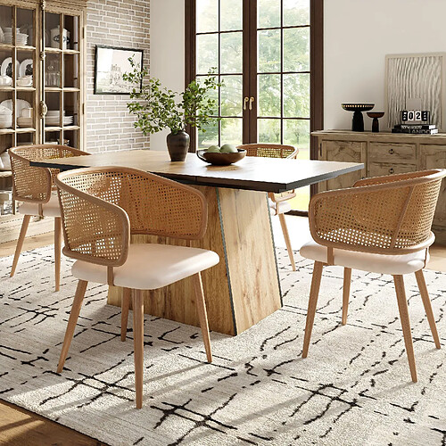 modfu Lot de 4 chaises de salle à manger avec dossier en rotin et assise en pu beige marron