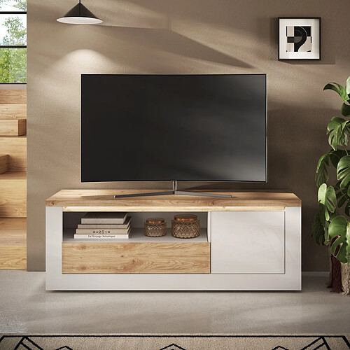 JLC KREATION Meuble tv moderne laqué blanc et bois + led 160cm ARIA