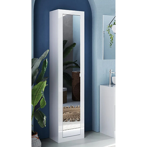 JLC KREATION Colonne de salle de bain 1 porte miroir laqué blanc H195cm CALIA