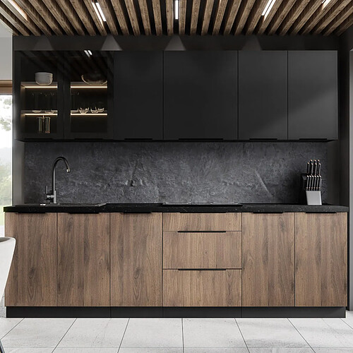 JLC KREATION Cuisine complète moderne bois et noir 260cm MAO
