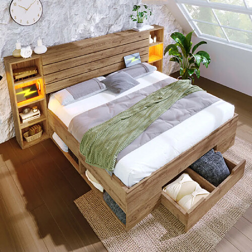 modfu Lit adulte 180x200 cm avec tiroirs et LED, en bois, chêne