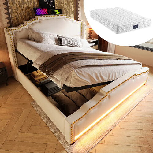 modfu Lit coffre 140x200 cm avec LED et USB-C, en velours, beige