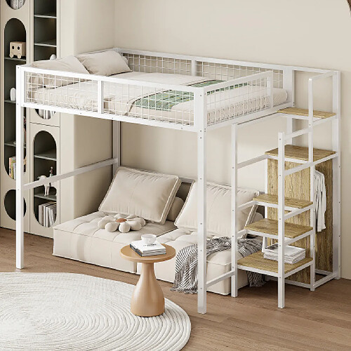 modfu Lit mezzanine 140x200 cm, en métal, blanc