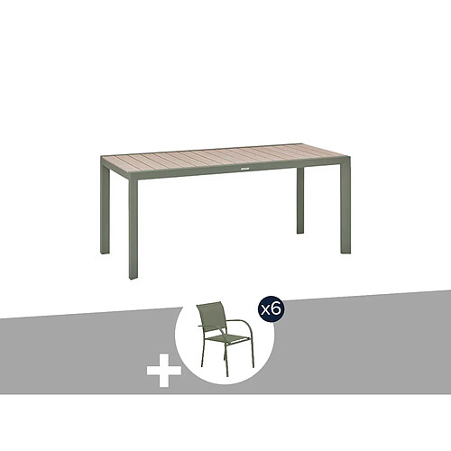 Table de jardin rectangulaire alu Evasion 6 places effet bois Lin et laurier + 6 fauteuils Piazza - Hespéride