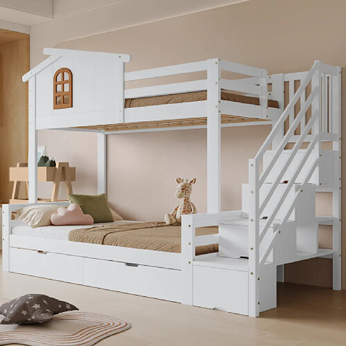 modfu Lit superposé 90x200 cm avec 2 tiroirs, en bois, blanc