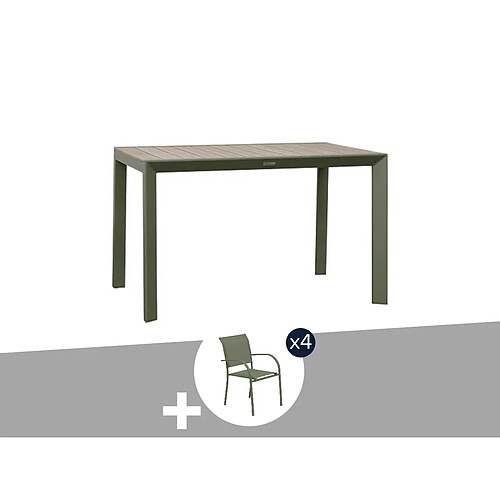 Table de jardin rectangulaire alu Evasion 4 places effet bois Lin et laurier + 4 fauteuils Piazza - Hespéride