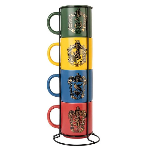 Harry Potter Set 4 Tasses 300 ml en Céramique avec Support Métal Maisons de Poudlard Multicolore
