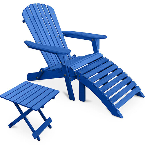 ICONIK INTERIOR Pack Chaise d'extérieur avec pouf et table d'extérieur et de jardin - Bois - Alana Bleu
