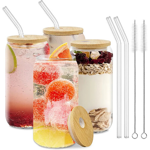 Vendos85 Set de 4 Verres avec Couvercle Bambou et Pailles