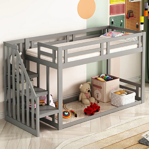 modfu Lit mezzanine 90x200 cm avec escalier, en bois, gris