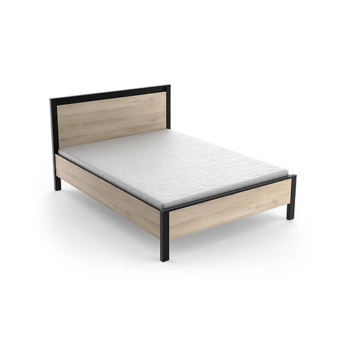 Pegane Lit 2 places couchage 140x190 couleur chêne / noir - Largeur 146,3 x Profondeur 198 x Hauteur 96,6 cm