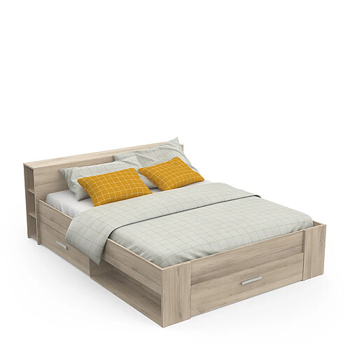 Pegane Lit adulte 160x200 cm avec rangement 3 tiroirs couleur chêne - Largeur 169,1 x Profondeur 226,9 x Hauteur 74,3 cm