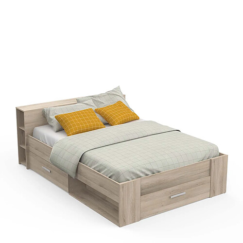 Pegane Lit adulte 140x200 cm avec rangement 3 tiroirs couleur chêne - Largeur 150,1 x Profondeur 226,9 x Hauteur 74,3 cm