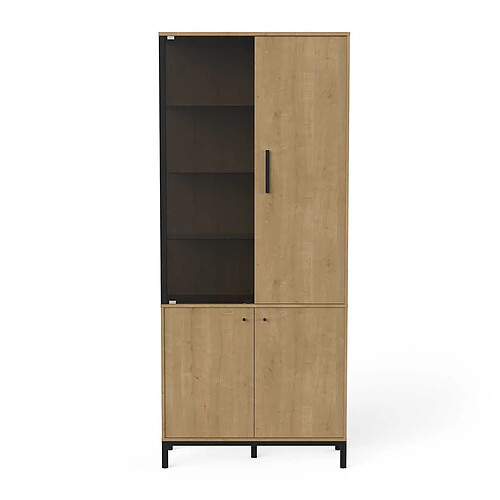 Pegane Vitrine meuble de rangement 4 portes couleur chêne / noir - Largeur 93,4 x Profondeur 39,6 x Hauteur 186,1 cm