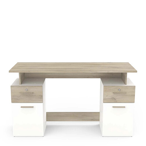 Pegane Bureau meuble de rangement 2 tiroirs 2 portes couleur chêne / blanc mat - Largeur 134,8 x Profondeur 55 x Hauteur 76,4 cm