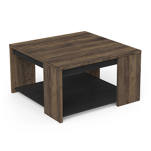 Pegane Table basse carrée avec étagère couleur chêne foncé / noir - Largeur 80 x Profondeur 80 x Hauteur 44,2 cm