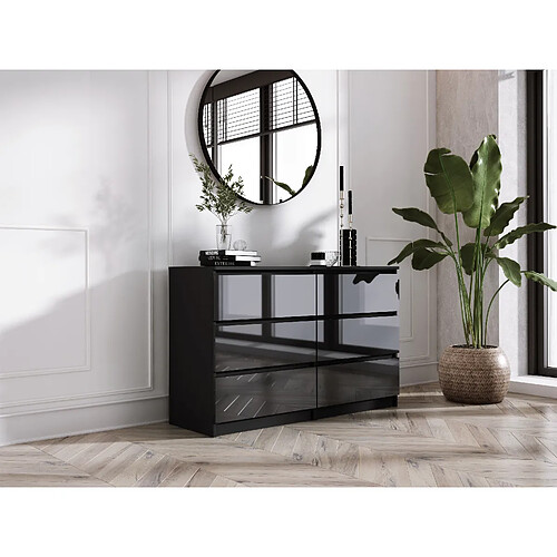 3XELIVING Commode 6 Tiroirs : Noir Mat / Noir Brillant, 138 x 39 x 79 cm