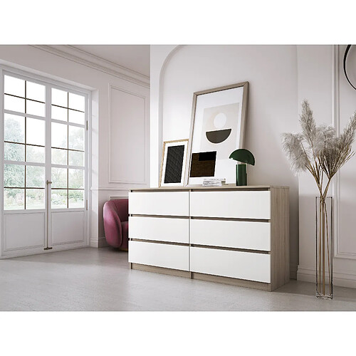 3XELIVING Commode 6 Tiroirs : Chêne Sonoma / Blanc Mat, 138 x 39 x 79 cm