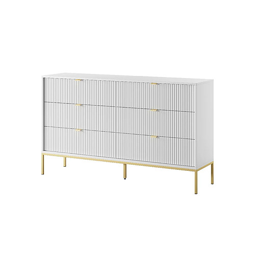 3XELIVING Commode : 6 Tiroirs, Blanc, Pieds Dorés, 154 x 39 x 83 cm, poignées dorées