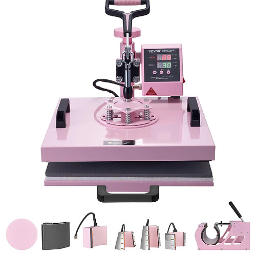 Vevor Presse a Chaud 8-en-1 Plaque 38x38 cm, Machine de Sublimation Textile avec Presse a Tasses de 18-89 cL, Pivotant a 360°, Controle Numerique Precis, DIY T-shirts/Chapeaux/Tasses/Assiettes, Rose