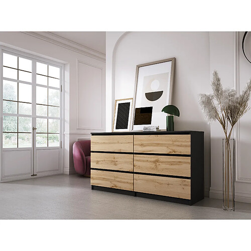 3XELIVING Commode 6 Tiroirs : Noir Mat / Chêne Wotan, 138 x 39 x 79 cm