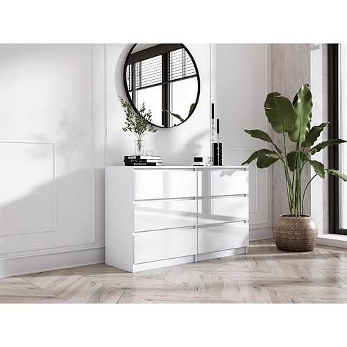 3XELIVING Commode 6 Tiroirs : Blanc Mat / Blanc Brillant, 138 x 39 x 79 cm
