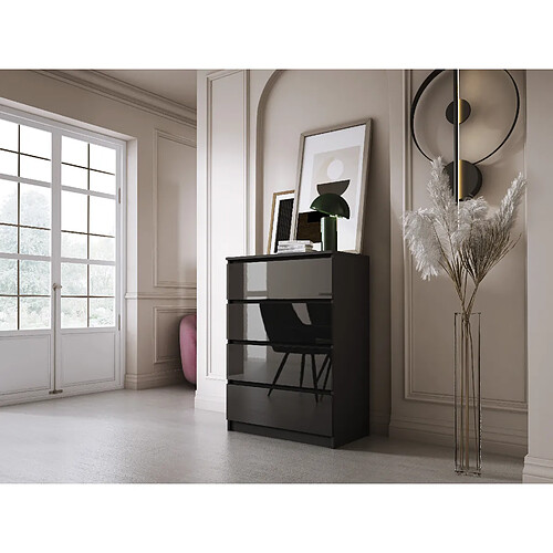 3XELIVING Commode 4 Tiroirs, Noir Mat / Noir Brillant, 70 x 39 x 101 cm