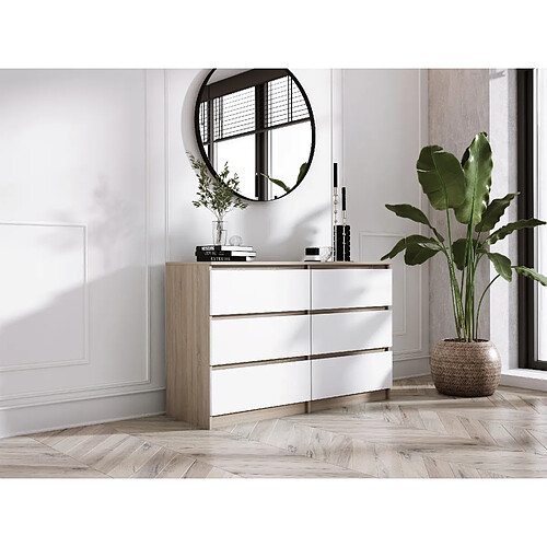 3XELIVING Commode 6 Tiroirs : Chêne Sonoma / Blanc Mat, 120 x 39 x 79 cm