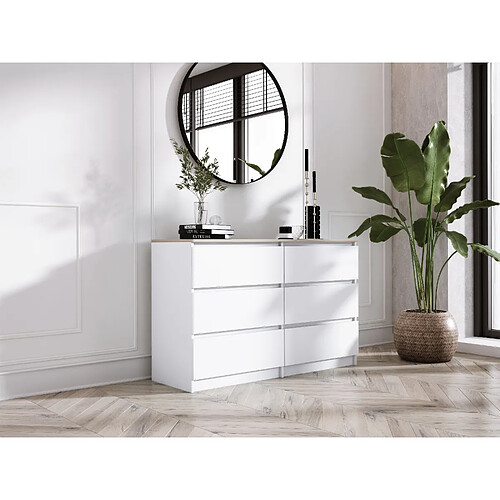 3XELIVING Commode 6 Tiroirs : Blanc Mat / Chêne Sonoma TOP, 120 x 39 x 79 cm