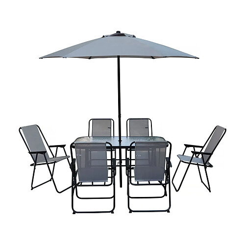 Habitat Et Jardin Table et chaises de jardin avec parasol en métal [ ]Convivia[ ] - 6 places - Gris clair